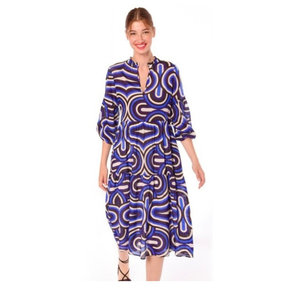 Vilagallo Anthropologie NWT Tammy Navona Blue Geometric Print Midi Dress 40/8